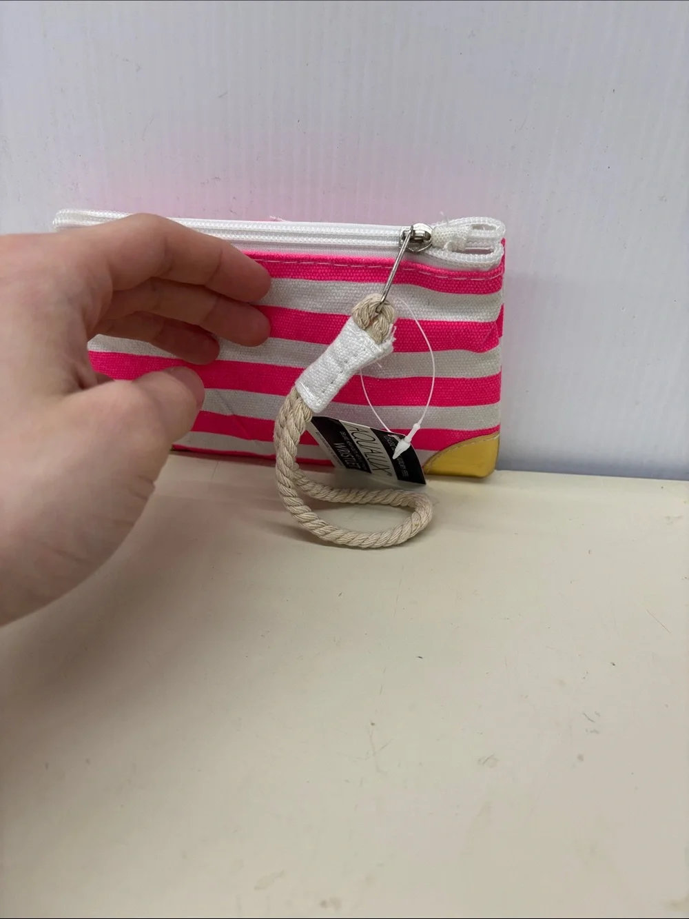 NWT Aqualux Pink & White Stripe Canvas Cosmetic Pouch with Gold Accents